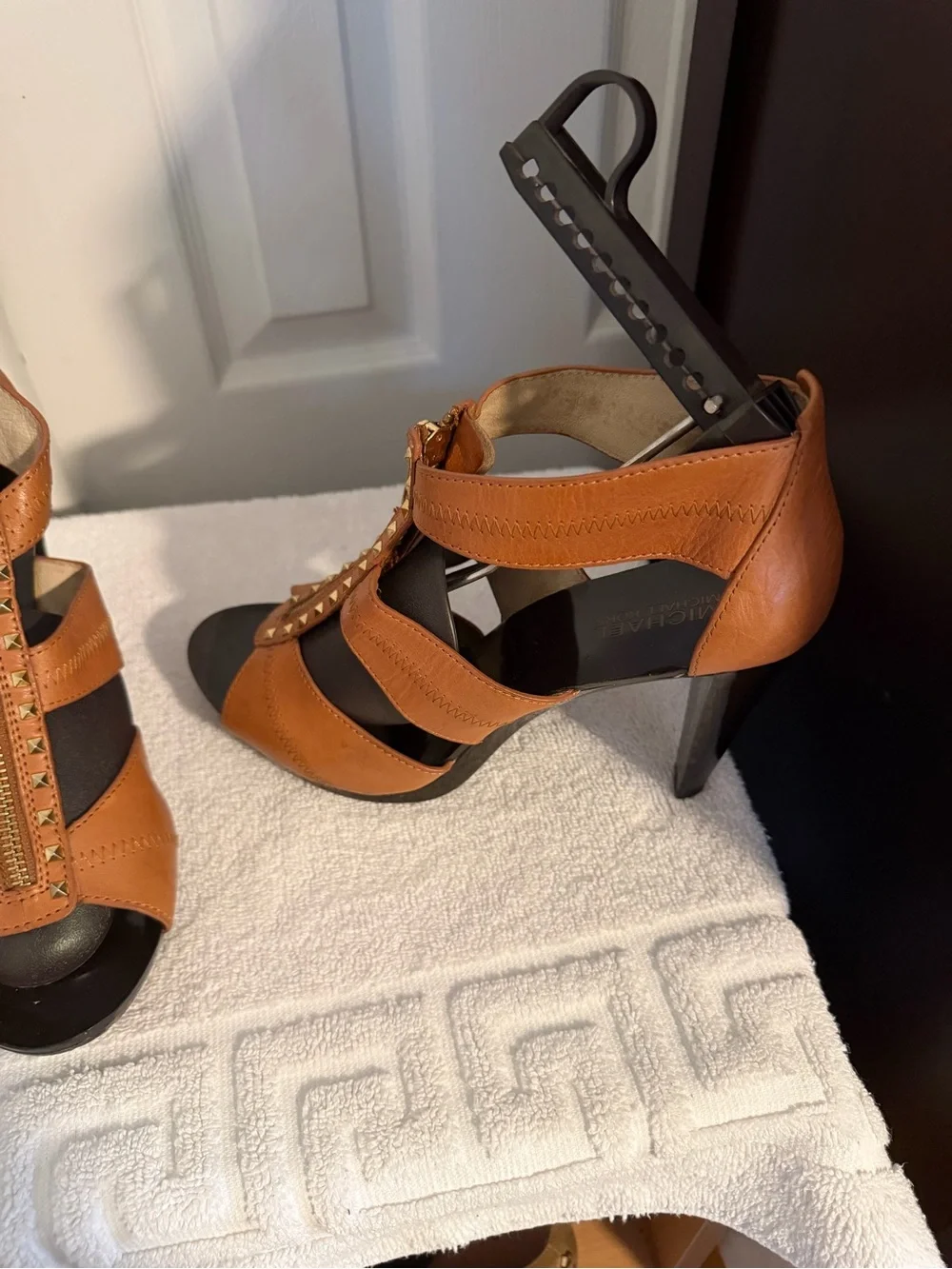 Michael Kors Cognac Leather Studded Zip Front Heels